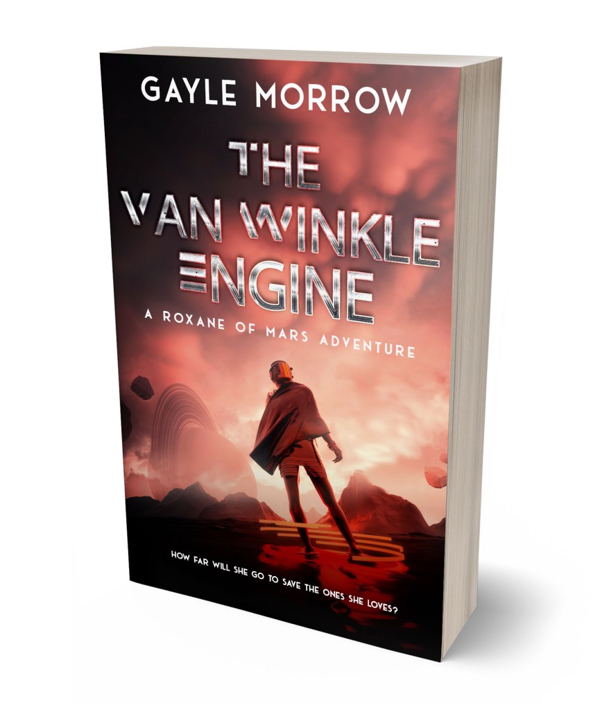 A 3D representation of the cover for The Van Winkle Engine. A lone character stands on a reddish-black "strange planet" landscape, their head obscured by a helmet, and their cape billowing in the wind.
