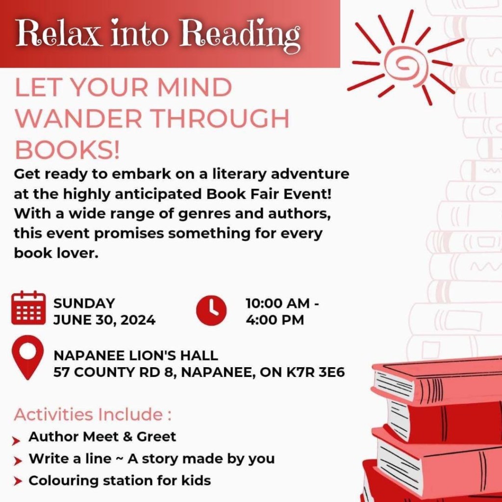 Relax into Reading.

Sunday, June 30, 2024, 10:00 am-4:00pm
Napanee Lion's Hall, 57 County Rd 8, Napanee ON